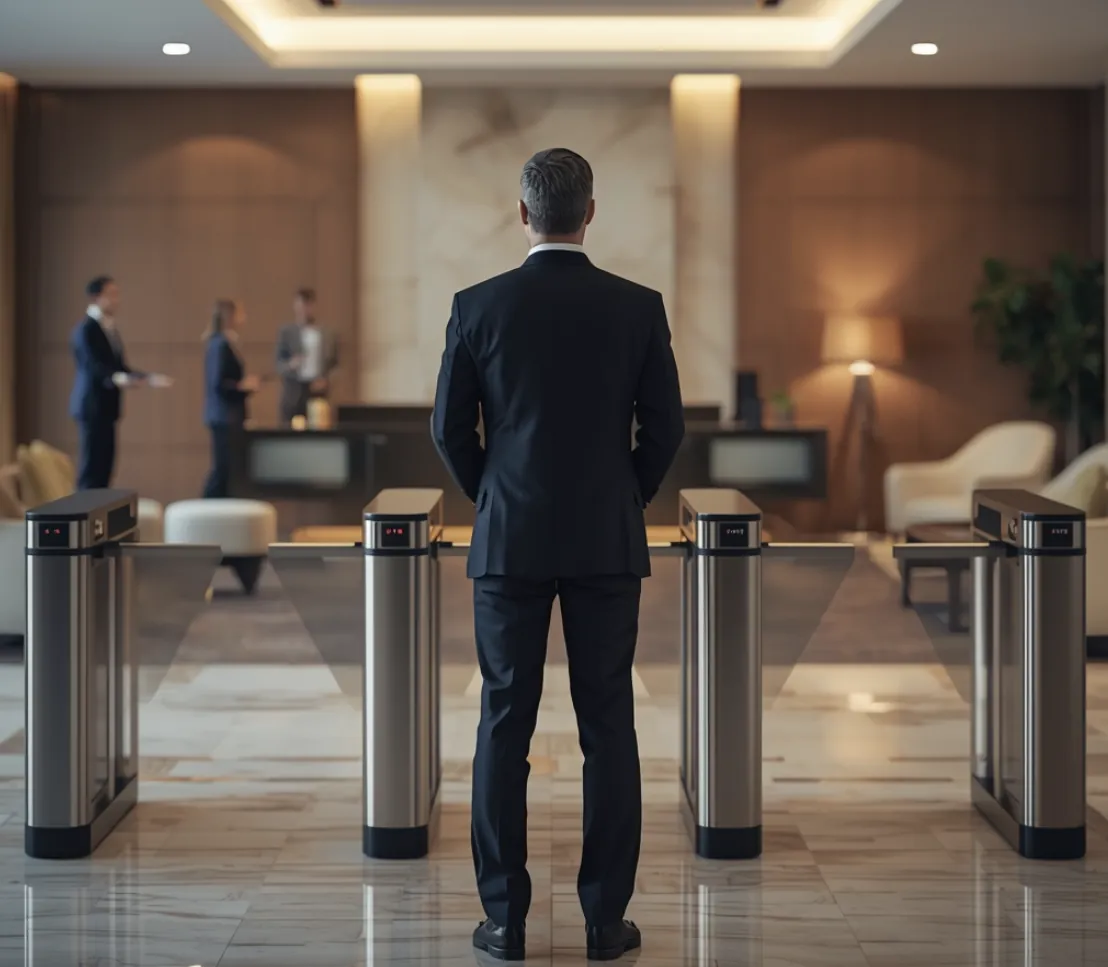 Corporate building lobby with security turnstiles and staffed reception, managed under a single TAC performance framework