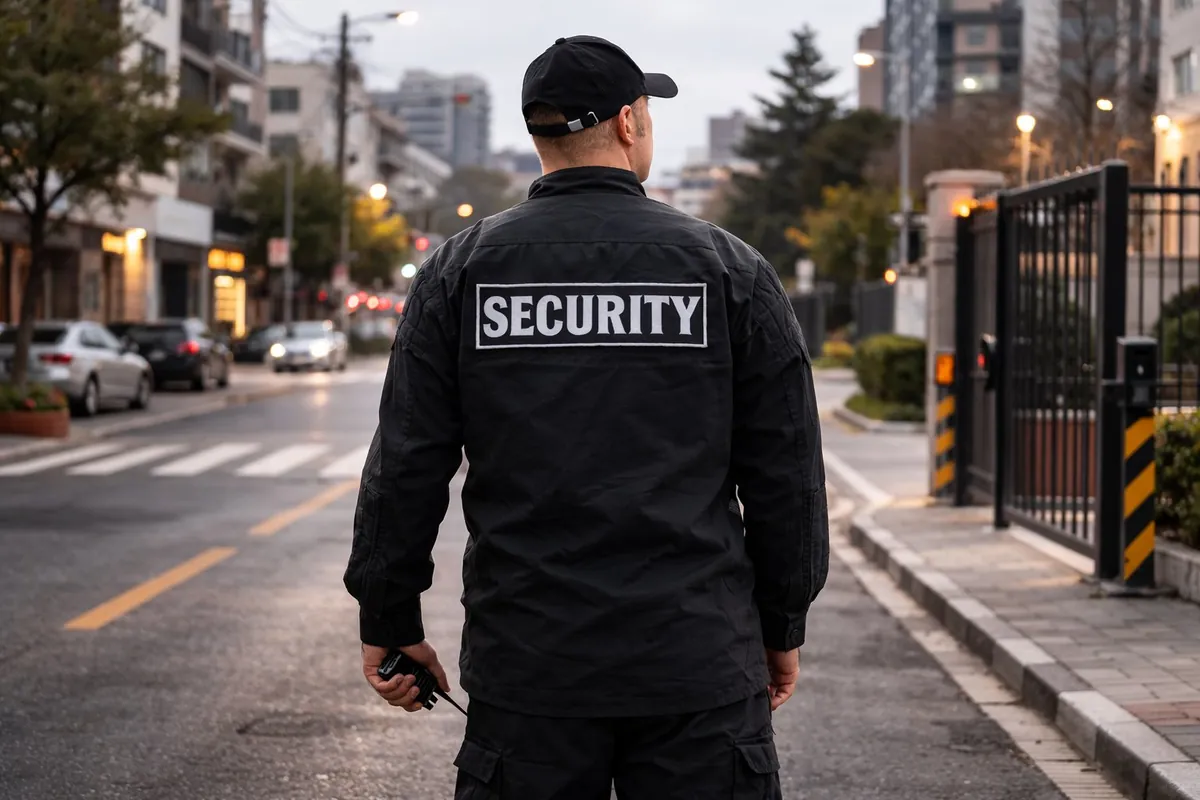 Security officer on patrol at dusk. TAC manages integrated asset and operational services across six countries