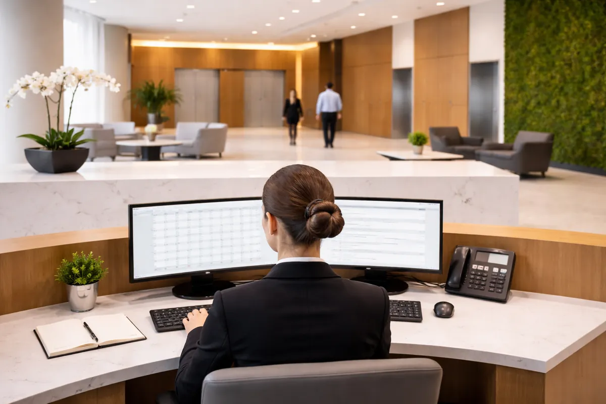 Premium multi-tenant reception area with front of house, cleaning and security coordinated under one performance framework